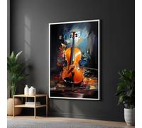 TONGYINLI Pintura al óleo abstracta de violín, pósteres e impresiones musicales coloridos, arte de pared abstracto de músico, obra decorativa para el hogar (70 x 100 cm/marco interior)