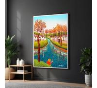 TONGYINLI Pintura al óleo sobre lienzo de un pescador de río, arte mural en lienzo con árboles otoñales, pósteres e impresiones de paisajes, pintura de paisajes de pueblos (70 x 110 cm/sin marco)