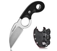 TONIFE Crescent Cuchillo de Cuello Cuchillo al Aire Libre de Hoja Fija 8Cr14MoV Acero con Funda de Cordón y el Clip de Full Tang Cuchillo de Supervivencia (Negro+Lavado Piedra)