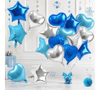 TONIFUL Globos de aluminio de estrella y corazón azul y plateado de 18 pulgadas, 18 globos de cumpleaños de helio Mylar azul real y plateado para revelación de género, baby shower, aniversario