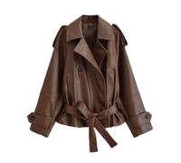 TONINMM Chaqueta Cuero Mujer Gabardina De Corte Estilo Gabardina con Solapas Anchas, Cierre De Doble Botonadura Y Cinturón para Un Look Urbano, De Piel Sintética-marrón-S