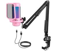 TONOR Gaming Mic, Micrófono USB para PC PS4/5 con Brazo Soporte, Micro Condensador Cardioide con Ajustable RGB Modos y Brillo, Silencio Rápido, Control de Ganancia, para Streaming, TC310+ Rosa