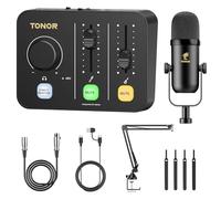 TONOR Paquete Equipos de Podcast, Mezclador con Micrófono Dinámico y Mic Brazo, Micrófono XLR con Interfaz Audio de Estudio, Soporte Microfono Mesa, Pack Todo en Uno para Streaming/Grabación, POD-1