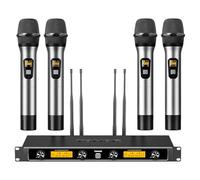 TONOR Sistema de Micrófonos Inalámbricos, 4x5 Canal UHF Micro de Metal, 4 Microfono de Mano de Frecuencia Ajustable, Multiset Operación, 90m Ideal para Karaoke Canto, Boda, Iglesia, reunión, Plata