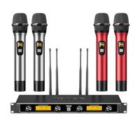 TONOR Sistema de Micrófonos Inalámbricos, 4x5 Canal UHF Micro de Metal, 4 Microfono de Mano de Frecuencia Ajustable, Multiset Operación, 90m Ideal para Karaoke Canto, Boda, Iglesia, reunión, Rojo