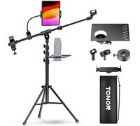 TONOR Soporte de Micrófono con Soporte para Tableta, Trípode Suelo con Altura y ángulo Ajustables, para Conciertos/Videoconferencias/Escenarios, abrazadera para teléfono/iPad, portavasos, 190 cm, T35+