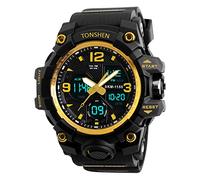 TONSHEN Digitales Relojes de Hombre Deportivos LED Outdoor Multifuncional Plástico Goma 50M Resistente Agua Militares Táctica Analógico Cuarzo Relojes de Pulsera Grande Dial 12H/24H Tiempo (Dorado)