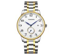 TONSHEN Hombre Acero Inoxidable Relojes Elegante Analógico Cuarzo Escala de Cristal Estilo Clásico Calendario Reloj de Pulsera (Dorado Números)