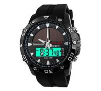 TONSHEN Solar Deportivos Relojes Hombre Acero Inoxidable Bisel Y Correa Suave Goma 50M Resistente Agua LED Digital Analógico Cuarzo Relojes de Pulsera Outdoor Militares Doble Tiempo Alarma Luz