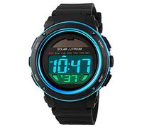TONSHEN Unisex Solar Digitales Relojes Moda LED Outdoor 50M Resistente Agua Deportivos Plástico Bisel Y Correa Goma Multifuncional Militares Relojes de Pulsera para Hombre Mujer Chica Chico (Azul)