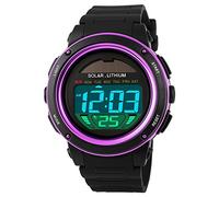 TONSHEN Unisex Solar Digitales Relojes Moda LED Outdoor 50M Resistente Agua Deportivos Plástico Bisel Y Correa Goma Multifuncional Militares Relojes de Pulsera para Hombre Mujer Chica Chico (Morado)
