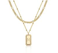 TONTMY STUDIOS Collar para mujer, gargantilla de cadena fígaro de oro, juego de capas, colgante rectangular con inicial de barra de circonita cúbica, 2 capas, chapado en oro de 14 quilates, cadena