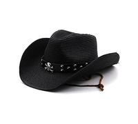 TONXX Sombrero de vaquero vintage estilo occidental grande de metal con ala de calavera sombrero de paja tejido sombrero de vaquero accesorio para verano a prueba de sol