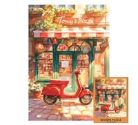 Tony’s Pizza Wooden Puzzle | Red Scooter & Italian Pizzeria Scene | Cozy Street Jigsaw for Adults | Warm Sunlight Retro Art Puzzle | 1000 (M-100PIECES)