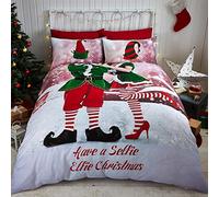 Tony's Textiles - Juego de Cama de Papá Noel - Fundas para el edredón y la Almohada - Elfo navideño - Matrimonio