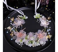 TONZN Diadema con Velo de Flores Blancas y Rosas, Pulsera con Perlas de Cristal, Diadema de Mano con Forma de Mariposa, Accesorios para el Cabello de Boda (Dorado, 1 Pieza (1 Paquete))