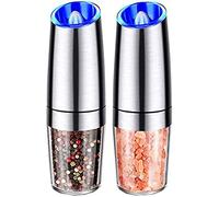 TONZN Juego de Molinillo de Sal y Pimienta eléctrico Gravity, Acero Inoxidable automático Alimentado por batería, Acero Inoxidable, luz LED Azul, Molinillo de Sal, molinillos de Sal y Pimienta