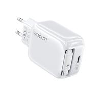 toocki Cargador Pared 30W 2 en 1, Cable Retráctil 68cm para iPhone/Android | 2 Puertos Cargador USB C, Enchufe de Viaje/Oficina, Compatible iPad/Galaxy/Pixel, Carga Segura, Diseño Compacto, Blanco