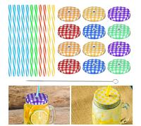 TOOINKCV 12 tapas para tarros de cristal, tapa de rosca de metal para vasos de bebida, cierre de tarros de mermelada, tapa de repuesto con 12 pajitas y cepillo para pajitas