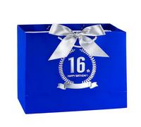 Tookala Bolsa de regalo de papel azul para 16º cumpleaños para niño y niña, 32 x 25 x 11 cm, tamaño bolsa de regalo con gasa perlada, bolsa de regalo con cinta de seda, bolsa de regalo Happy 16th