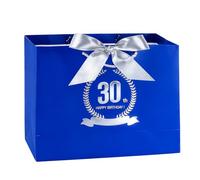 Tookala Bolsa de regalo de papel azul para 30 cumpleaños, bolsa de regalo con cinta de seda, 32 x 25 x 11 cm, tamaño bolsa de regalo con tarjeta y gasa de perlas, bolsa de regalo Happy 30th Birthday