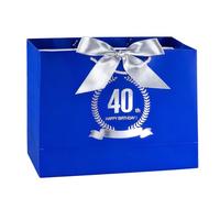 Tookala Bolsa de regalo de papel azul para 40 cumpleaños, bolsa de regalo con cinta de seda, 32 x 25 x 11 cm, tamaño bolsa de regalo con tarjeta y gasa de perlas, Happy 40th Birthday Bolsa de regalo