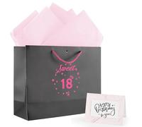 Tookala Bolsa de regalo de papel negro y rosa para niña de 18 cumpleaños, bolsa de regalo con cinta de seda, 32 x 25 x 11 cm, tamaño bolsa de regalo con gasa perlada, bolsa de regalo Happy 18th