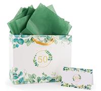 Tookala Bolsa de regalo de papel verde 50º cumpleaños, blanco salvia verde bolsa de regalo con cinta de seda, 33 x 25 x 11 cm, tamaño bolsa de regalo con tarjeta y gasa de perlas, bolsa de regalo