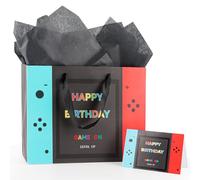 Tookala Game on Papier - Bolsa de regalo de cumpleaños para niños y niños, 32 x 25 x 11 cm, bolsa de regalo de cumpleaños, con papel de seda y tarjeta de felicitación, bolsas para regalos de fiesta