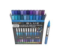 TOOLI-ART Juego de 22 rotuladores acrílicos con punta de pincel flexible (línea de 1 a 7 mm) para pintura rupestre, rotulación con pincel, vidrio, madera, metal, lienzo, tela y plástico (azul)