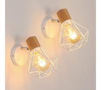 Toolight 2 Piezas Lámparas de Pared Vintage, 350° Giratorio Ajustable Aplique Pared Madera, Luz de Pared Jaula Metal Hierro E27 para Dormitorio Pasillo Salón, Max 60W, Blanco(Bombilla no Incluida)