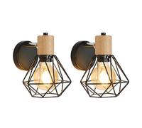 Toolight 2 Piezas Lámparas de Pared Vintage, Aplique Pared Interior de Madera 360° Giratorio Ajustable, Luz de Pared Jaula Metal Hierro E27 para Dormitorio Pasillo Salón, Max 60W, Negro