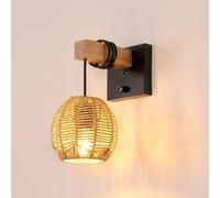 Toolight Lámpara de Pared de Ratán, Lámpara Pared Boho con Interruptor y Cable de Carga Enchufe, Pantalla Vintage con Cuerda de Cáñamo, Apliques Retro Industrial E27 para Dormitorio Escalera Pasillo