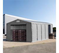 TOOLPORT Carpa almacén 8x12 m - altura lateral de 3,6 m con entrada con cremallera y claraboyas, PVC 850, gris, con Estática (para hormigón) - (94062)