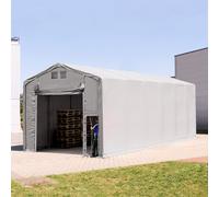 TOOLPORT Outlander Carpa industrial 6x12 m - altura lateral de 4,0 m con puerta levadiza, PRIMEtex 2300, gris, con Estática (para suelos blandos) - (93976)