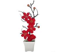 ToolsEvery Flores artificiales, 10 x 26 cm, seda Wintersweet, planta realista en maceta, decoración resistente a la decoloración, diseño de bajo mantenimiento, para escritorio del hogar (rojo, 10 x 26