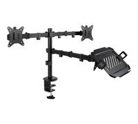 TOOQ DB1202TN-B - Soporte de Mesa para 2 Pantallas/Monitores de 17"-32", con Bandeja para Ordenadores Portátiles de 12”-17”, Altura Ajustable, Acero, Color Negro
