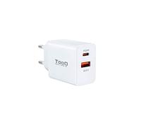 TooQ TQWC-2SC04WT - Cargador de Pared con 2 Puertos, 1 Puerto USB-C con Power Delivery 20W y 1 Puerto USB-A Carga Rápida QC 18W, para iPad, iPhone, Samsung, Tablets, Smartphones, etc, Color Blanco