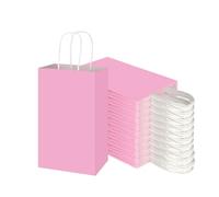 Toovip Paquete de 100 bolsas pequeñas de papel kraft rosa claro de 5.25 x 3.25 x 8.25 pulgadas con asas a granel, bolsas de regalo para regalos, comestibles, fiestas minoristas, cumpleaños, compras,