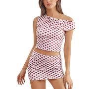 Top and Rock Set Damen 2 Stück Outfits Stil Druck einzigartige Ärmel Top Tasche Hüfte Slim Fit Rock Anzug, rojo, L