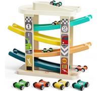 TOP BRIGHT Juguete de Carrera de Coches para Niños Pequeños, Juego de Juguetes de Rampa de Camiones Conjuntos de Vehículos con 4 Coches de Madera, 4 Rampas de Coche