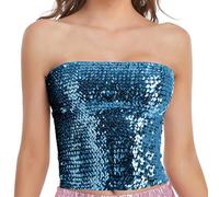 Top brillante para mujer con lentejuelas plateadas, parte superior con purpurina, para carnaval, concierto, elegante, sin mangas, túnica, fiesta, elástico, brillante, azul claro, Talla única