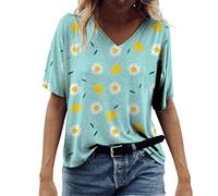 Top Casual Camisas Floral Estampado Manga Corta Camiseta Suelta Top Cuello V Elegante Camisa Envoltura Top Mujer, verde menta, M