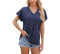 Top casual de moda para mujer con cuello en V, manga corta de verano, informal, holgada, conjunto de casaca para mujer, marine, XL