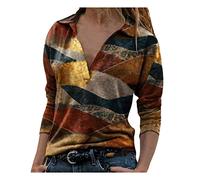 Top Casual Paisaje Estampado Solapa Camiseta Colorida Blusa de Mujer para Mujer de Manga Larga Top Amarillo Mujer, amarillo, XXL