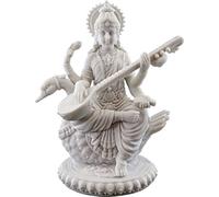 Top Collection - Estatua de Saraswati sobre cisne en acabado de mármol blanco - Escultura de diosa hindú del conocimiento