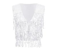 Top con Flecos,Chaleco con Flecos Chaleco de Mujer con borlas Brillantes, sin Mangas, Escote en V, Frente Abierto, Lentejuelas, Ideal for Bailar Jazz, Festivales música y Club(Silver,L)
