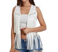 Top con Flecos,Chaleco con Flecos Chaleco de Mujer Gamuza sintética con Abertura Frontal, Vintage, sin Mangas, Chaqueta Corta(White,L)