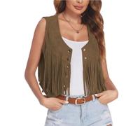 Top con Flecos,Chaleco con Flecos Chaqueta sin Mangas de Gamuza sintética for Mujer, cárdigan con borlas y Abertura Frontal, Chaleco Vintage(Green1,M)