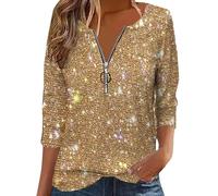 Top con lentejuelas para mujer con cuello en V Blusa de lentejuelas Top de noche brillante Camisas manga larga Blusa elegante camiseta brillo noche disco túnica Casual Retro Tops, dorado, M